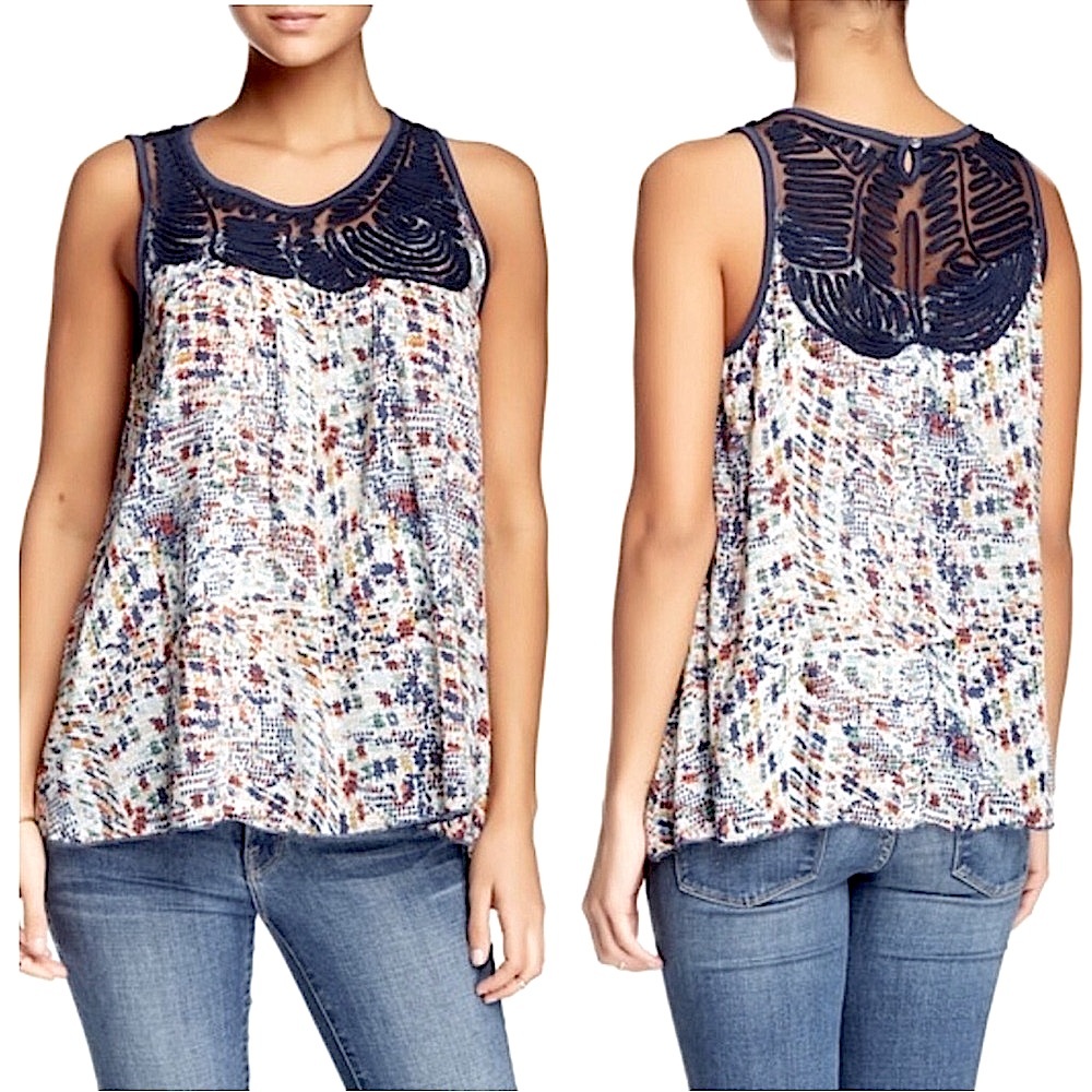 Anthropologie Hazel Embroidered Mesh Top Sleeveless Blouse Abstract Print‎ Small